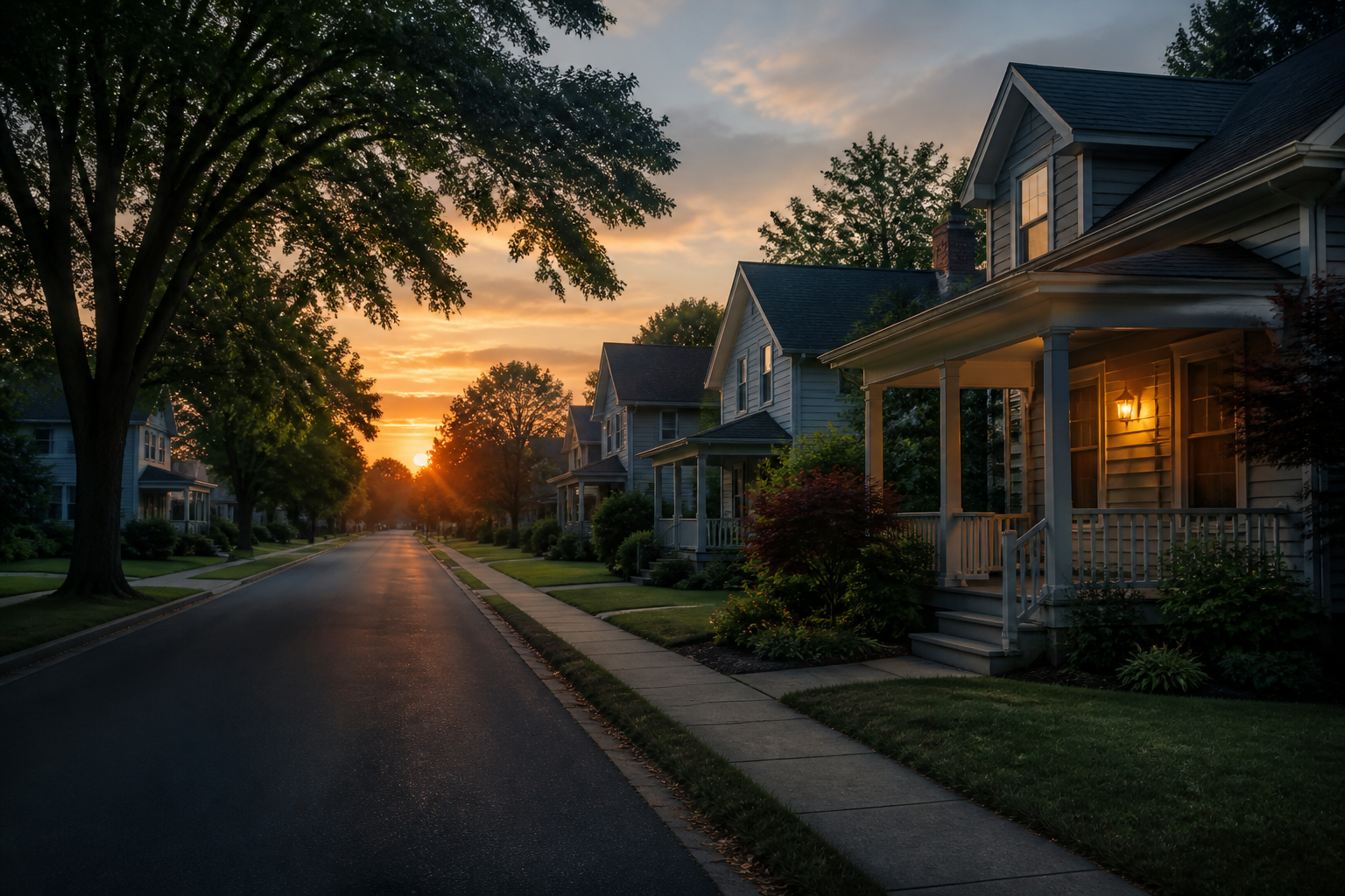 Sunrise over a quiet Midwestern residential street with a porch light still on.