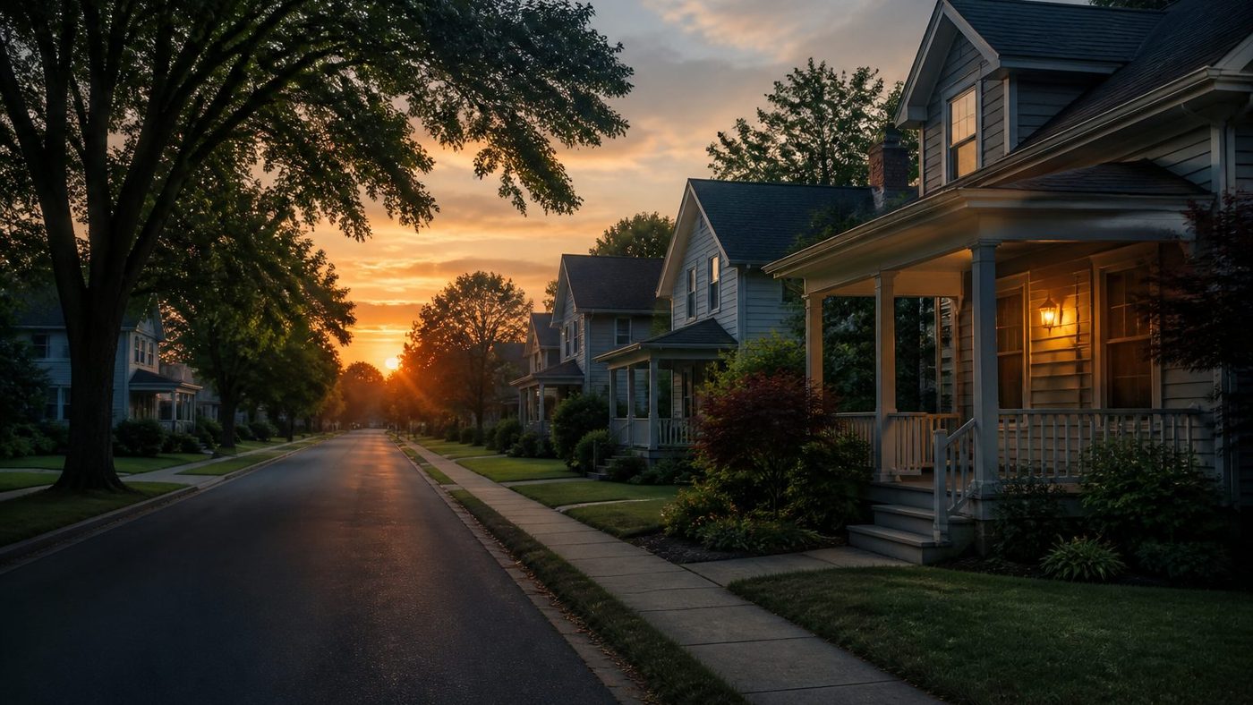 A quiet residential street at sunrise, porch lights still on, the sun low at the end of the road.