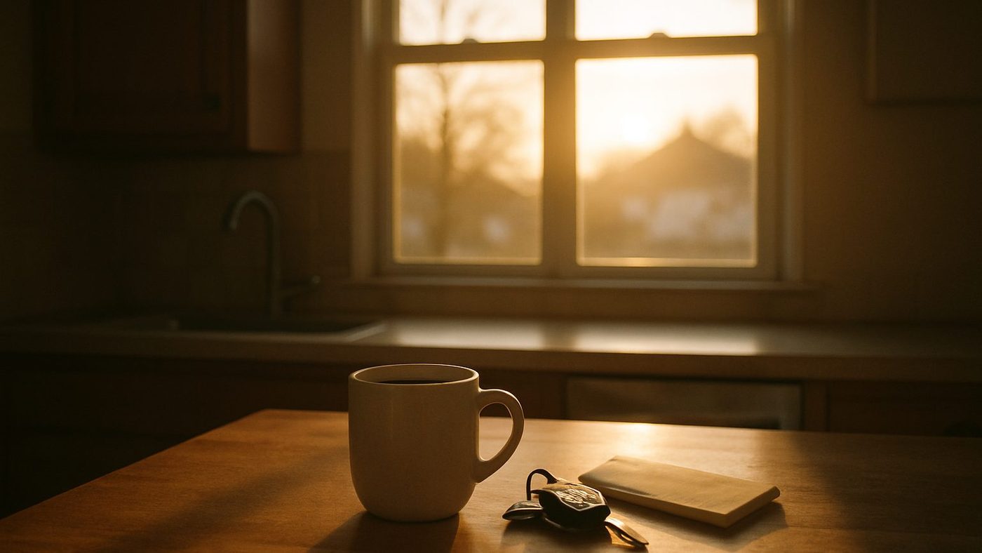 A ceramic mug of coffee, a set of car keys, and a folded notepad on a wooden kitchen counter in low morning light.