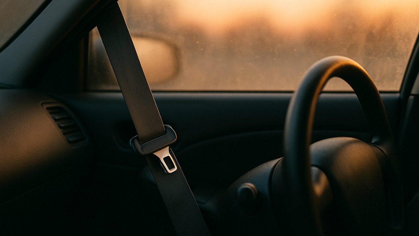 A fastened seat belt and the edge of a steering wheel inside a parked sedan at dawn, windshield fogged at the edges.